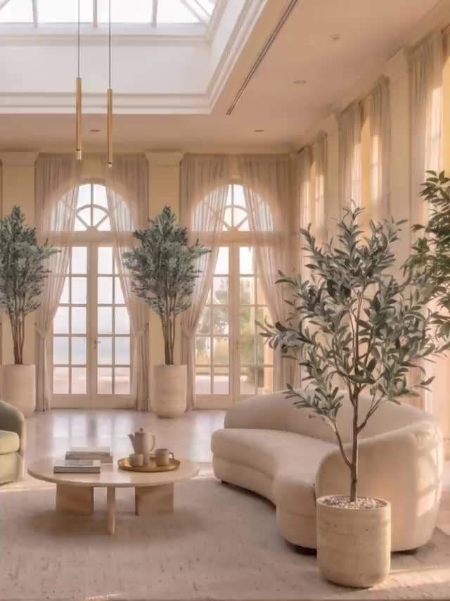 Visualisation. A hotel lounge with a pair of olive trees at the garden doors